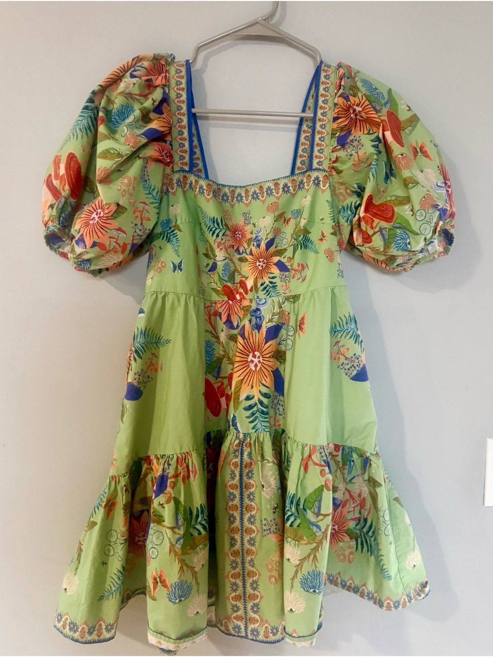 FARM Rio Lime Green Floral Puff-Sleeve Mini Dress